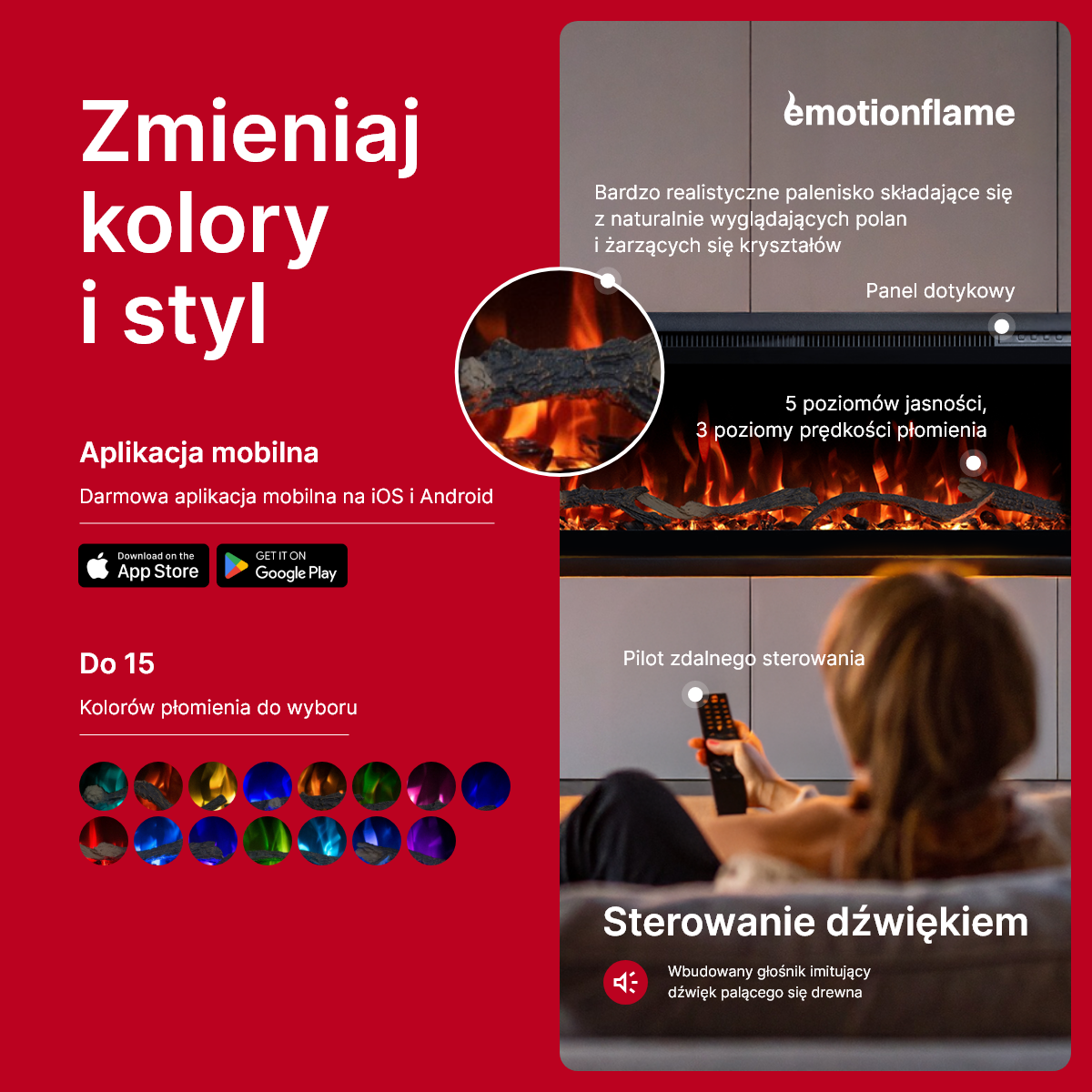 Emotion Flame Regal - control panel, remote control, and mobile app for remote control
